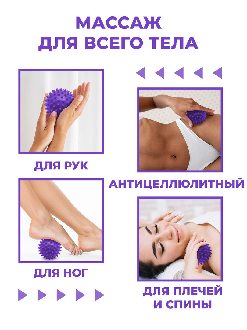 Мяч массажный с шипами, мячик для МФР, самомассаж рук, ног, диаметр 6,8 см., цвет фиолетовый