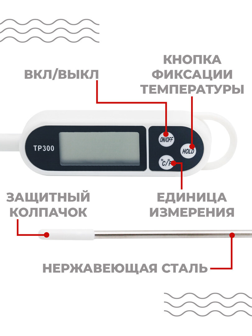 Кулинарный электронный термометр Boomshakalaka , градусник электронный, термощуп для мяса, воды, духовки, цвет черно-белый
