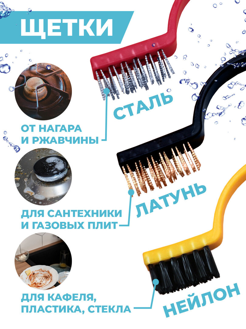 Набор для чистки кухни, железные щетки для посуды и кухни 3шт, скребок для стеклокерамики 2 шт, щетка для уборки щелевая узкая 1шт.