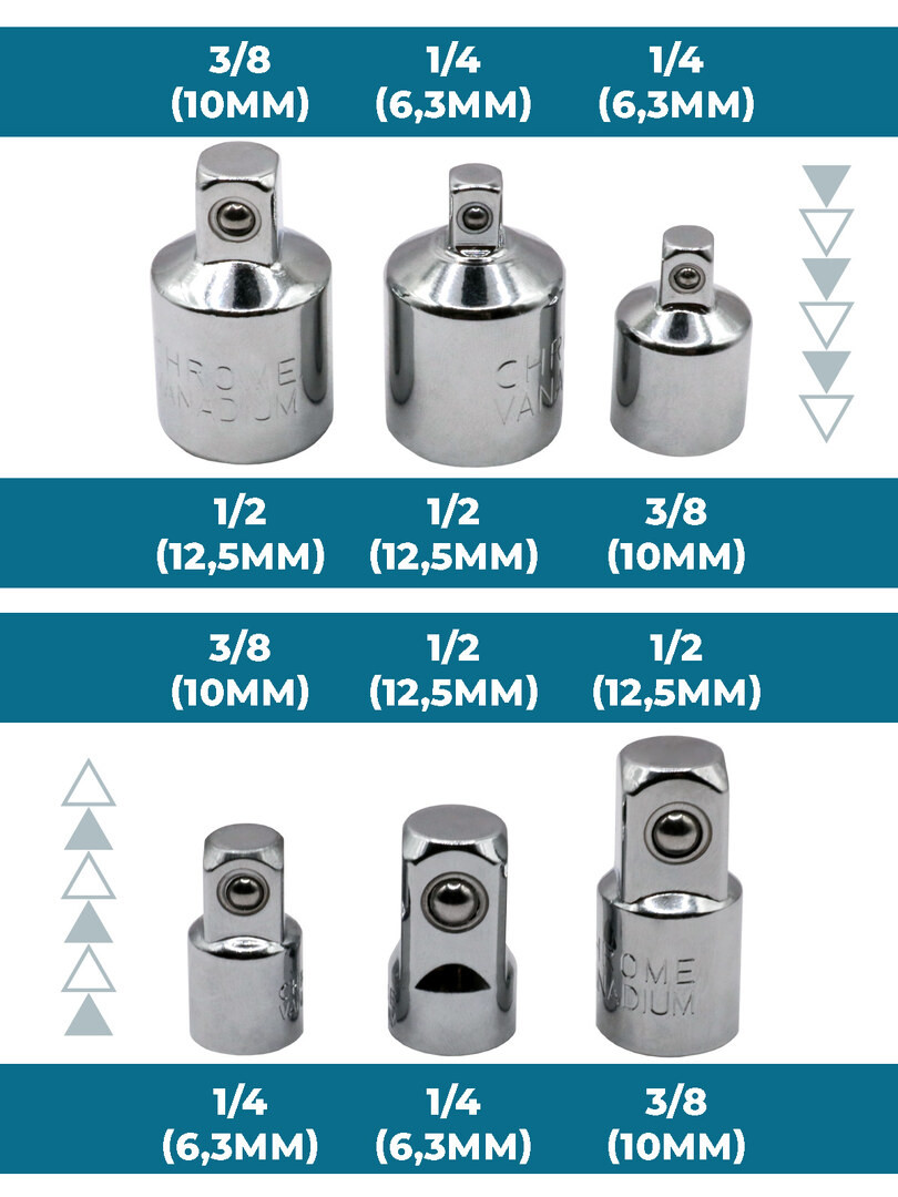 Набор переходников-адаптеров, для головок 1/2, 3/8 и 1/4", 6 предметов